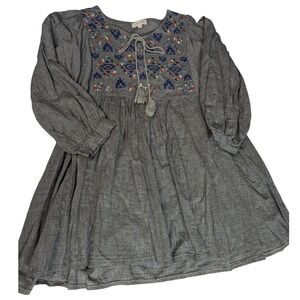 VELZERA Gray Cotton Boho Embroidered Mini Dress Small Tassel Tie Neck Peasant